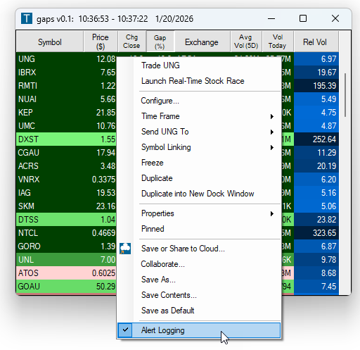 Alert Logging in Trade-Ideas